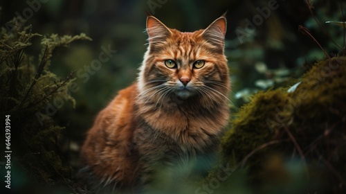 Gorgeous Red-Gold Cat Sitting Gracefully on the Green Grass, a Serene Portrait of Feline Beauty