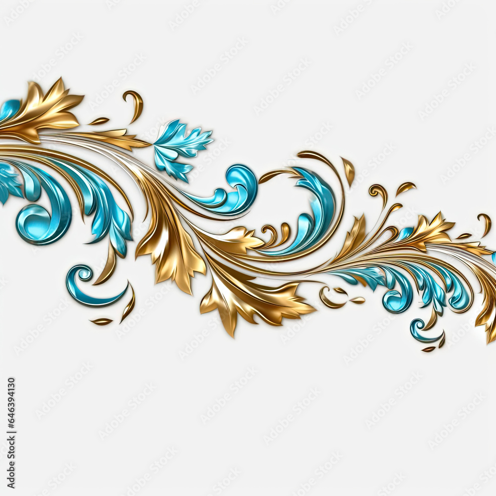 Fototapeta premium Azure gold luxury decorative Filigree Elaborate on white Background, AI Generated