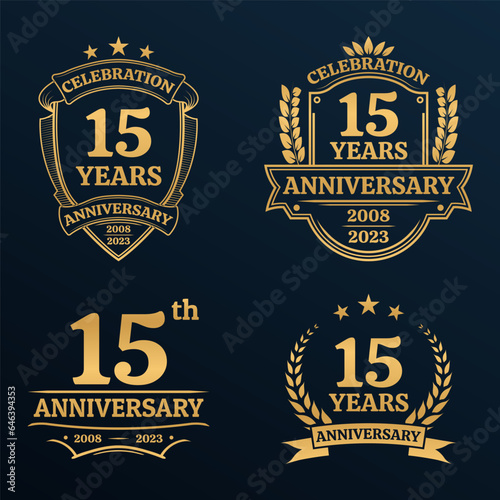 15 years anniversary icon or logo set. Vintage birthday banner design. 15th anniversary jubilee celebration golden badge or label collection. Vector illustration.