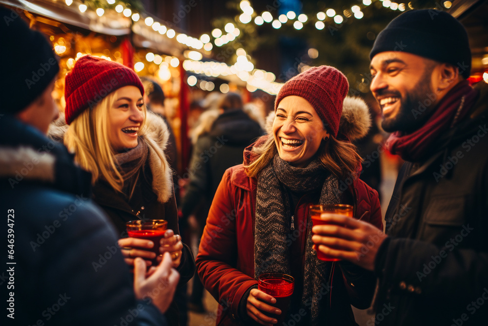 A group of people standing at a Christmas market and drinking mulled wine, Christmas party. AI generative. A group of people standing at a Christmas market and drinking mulled wine, Christmas party. AI generative.