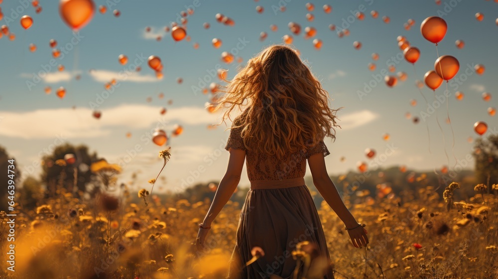 woman with balloons in the field