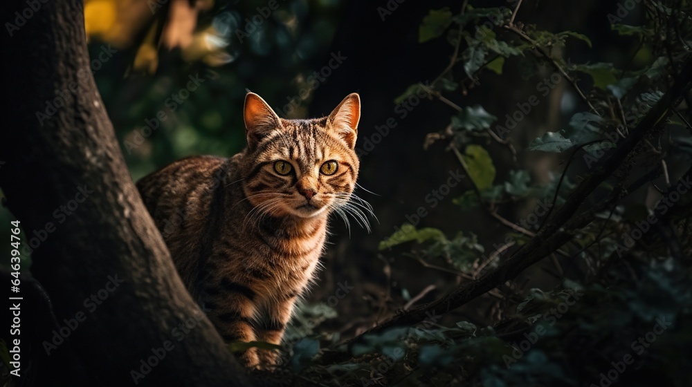 Adventurous Red-Gold Cat Climbing a Tree, Embracing the Thrill of the Great Outdoors