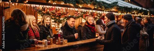 A group of people standing at a Christmas market and drinking mulled wine, Christmas party. AI generative. © Dar1930
