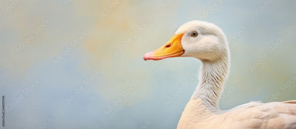 Close up view of a forward facing duck isolated pastel background Copy space Close up view of a forward facing duck isolated pastel background Copy space