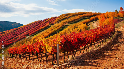 autumn hillside vineyard full of fallen coloured leaves . AI generative.