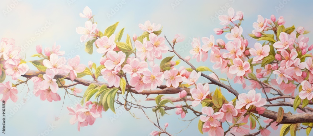 Blooming apple orchards isolated pastel background Copy space Blooming apple orchards isolated pastel background Copy space