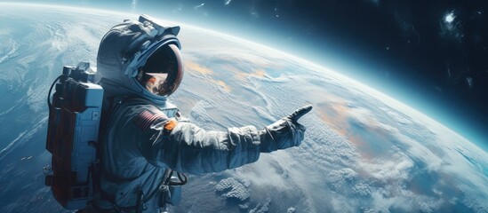 Astronaut indicating direction in sci fi spaceship background close up view isolated pastel background Copy space