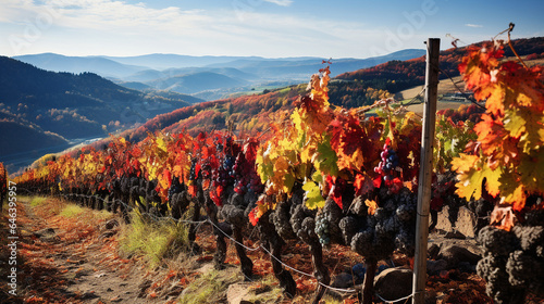 autumn hillside vineyard full of fallen coloured leaves . AI generative.