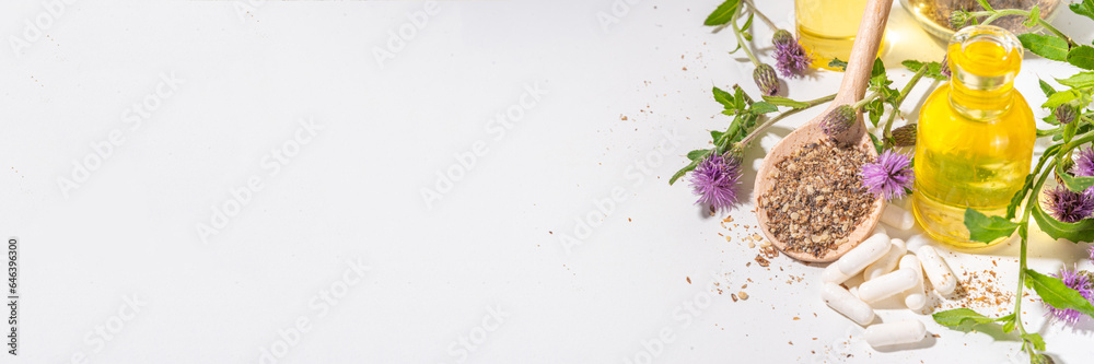 Milk Thistle supplies, powder and oil. Silybum marianum, natural organic wild flower superfood product - whole and grain seeds, pills, oil with fresh thistle flowers Milk Thistle supplies, powder and oil. Silybum marianum, natural organic wild flower superfood product - whole and grain seeds, pills, oil with fresh thistle flowers