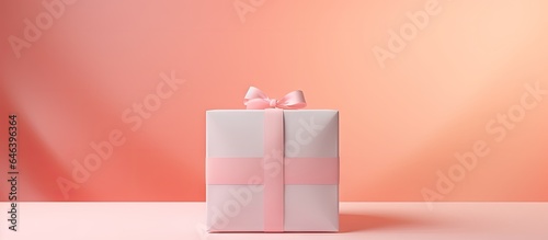 Birds eye view of a white gift box on isolated pastel background Copy space of considerable height and width photo