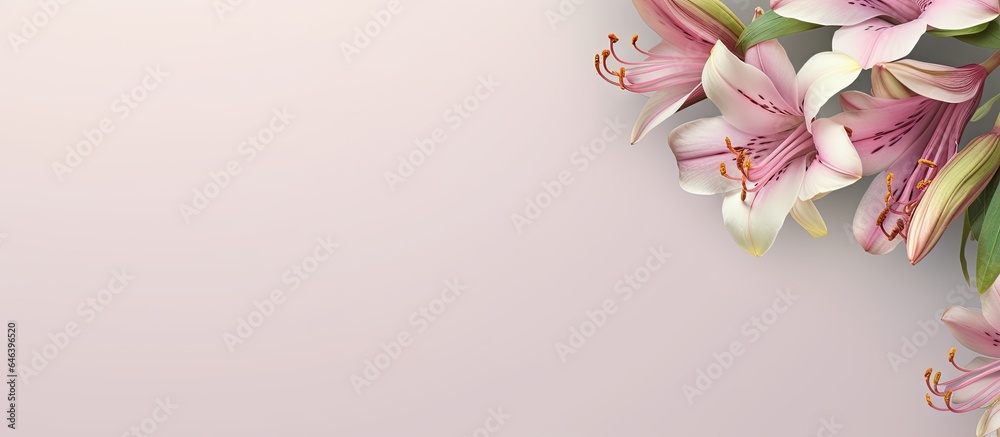 Fototapeta premium Alstroemeria flower with blank space for text on isolated pastel background Copy space