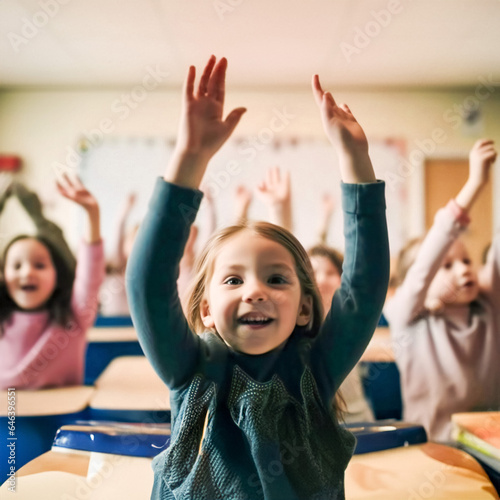 Portrait of a happy little girl raising hands in the classroom during a lesson at school
