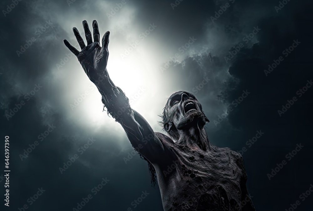 Scary zombie raising rotten hand for receive moonlight in Halloween night background. Flesh eater resurrection in the darkness. Smoke fog and mist scene Scary zombie raising rotten hand for receive moonlight in Halloween night background. Flesh eater resurrection in the darkness. Smoke fog and mist scene
