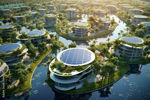 Sustainable neighborhood powered by solar panel island, aerial view. Generative AI © Octavia