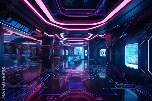360   view of neon-lit futuristic building with sci-fi-inspired interior design. Generative AI
