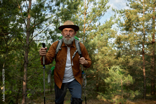 Mature man hiking and exploring forest nature enjoying cardio endurance