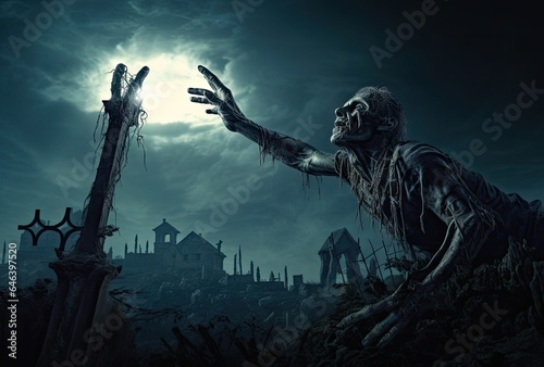 Scary zombie raising rotten hand for receive moonlight in Halloween night background. Flesh eater resurrection in the darkness. Smoke fog and mist scene