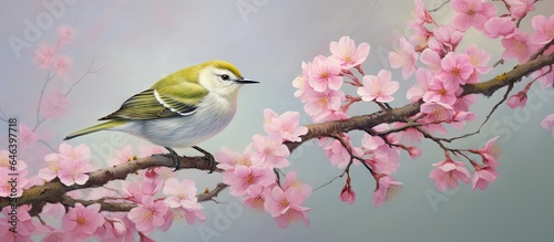 Bird with white eye perched on cherry blossom and sakura tree isolated pastel background Copy space