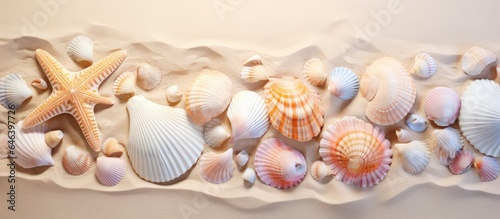 Close up of seashell and ocean shell arrangement isolated pastel background Copy space