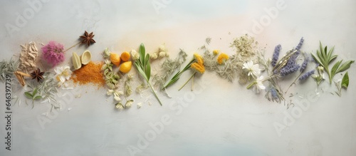 An assortment of natural herbs organized isolated pastel background Copy space