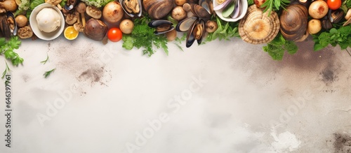 Fototapeta Naklejka Na Ścianę i Meble -  Baked European bittersweet clams with potatoes vegetables and greens isolated pastel background Copy space