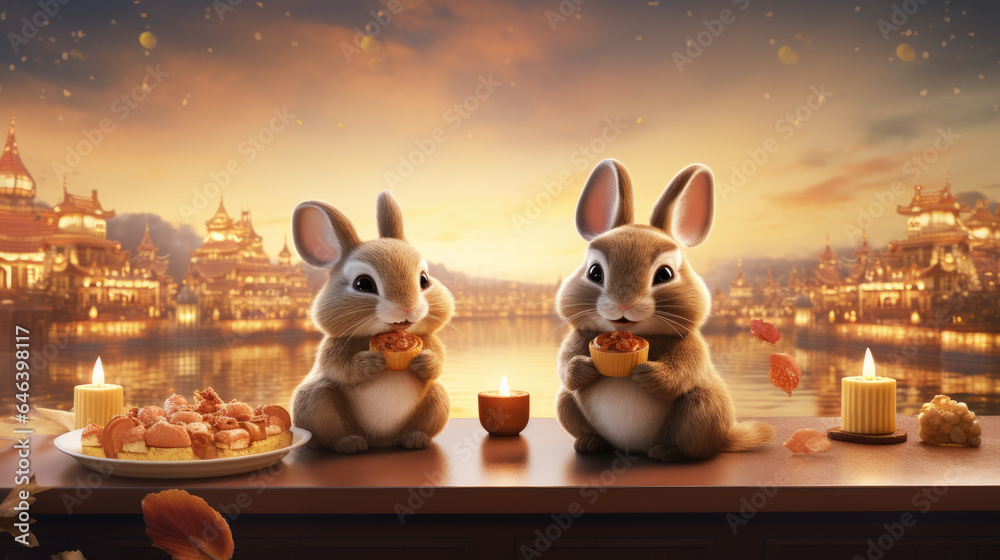 Cute rabbit congregate around mooncakes, admiring a Chinese palace beneath the starry night, a delightful nighttime display - obrazy, fototapety, plakaty 