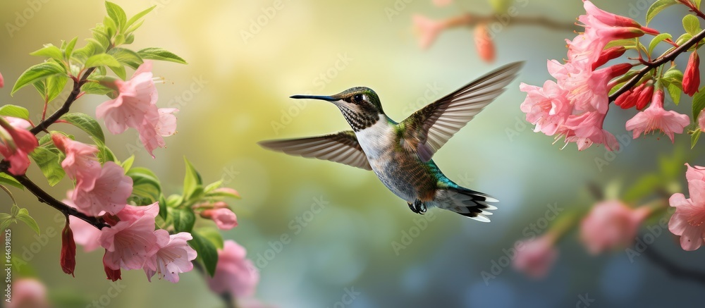 Fototapeta premium Close up photo of a young male hummingbird in flight with pink flowers and greenery with isolated pastel background Copy space focusing on the bird