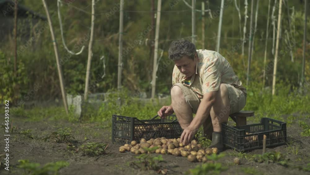 Elderly woman picking potatoes in a vegetable garden of a village house. Elderly woman picking potatoes in a vegetable garden of a village house.