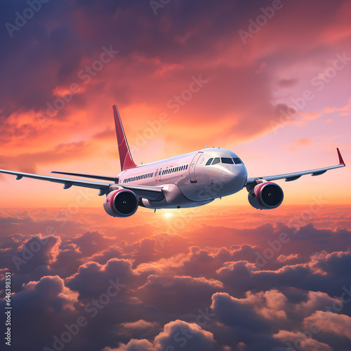 Passenger airplane. Landscape with big white airplane is flying in the red sky over the clouds and sea at colorful sunset. Passenger aircraft is landing at dusk. Business trip. Commercial plane. Trave