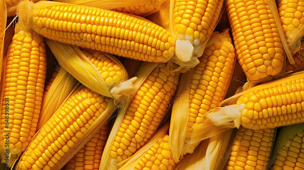 A compact grouping of golden corn cobs shines in the sunlight, ensuring delectable, succulent tastes of summer's harvest A compact grouping of golden corn cobs shines in the sunlight, ensuring delectable, succulent tastes of summer's harvest