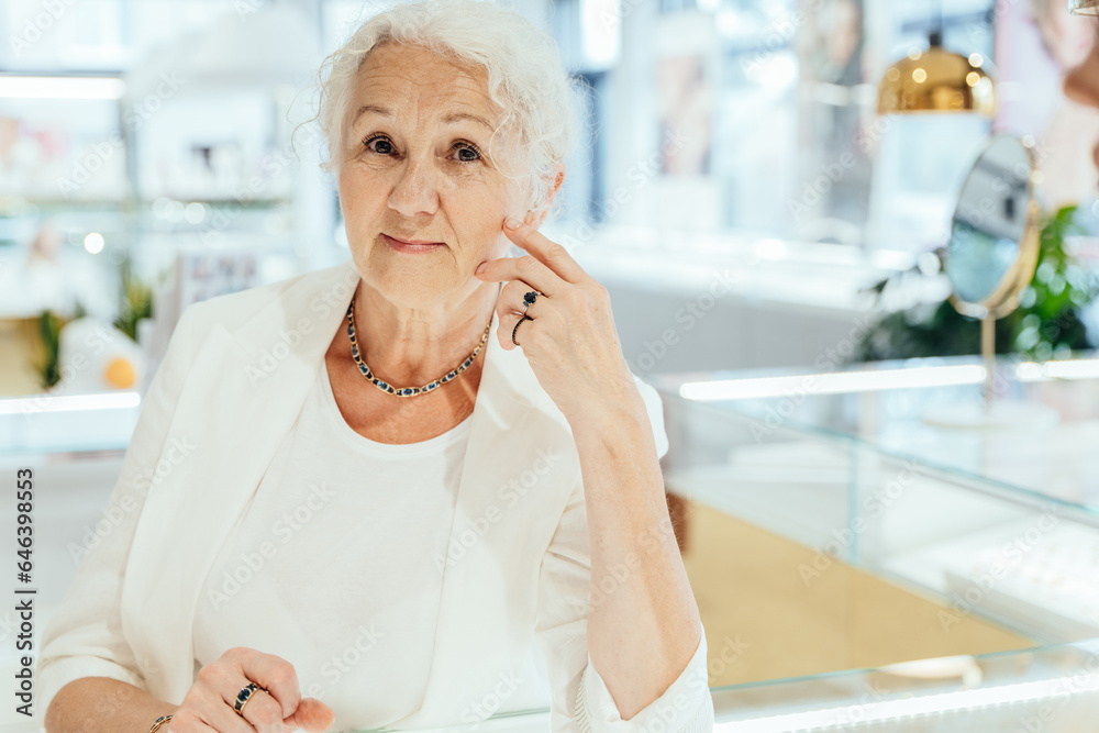 Portrait of senior businesswoman at her jewelry shop. Portrait of senior businesswoman at her jewelry shop.