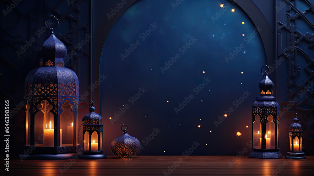 Ramadan Kareem Islamic backgrounds adorned with lanterns, emanating lively colors and a spiritual embrace - obrazy, fototapety, plakaty 