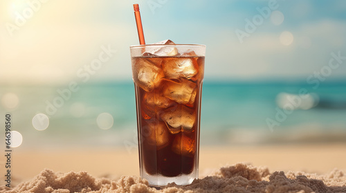 Savor an icy cold brew coffee in a glass, with waves gently caressing the hot sand, a summer's ideal mix of rejuvenation and tranquility photo