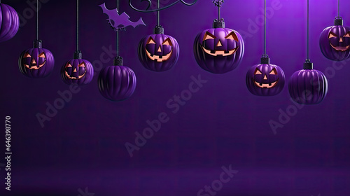 Spooky pumpkins decorate a lively purple background  creating a haunting yet celebratory atmosphere for a joyful Halloween