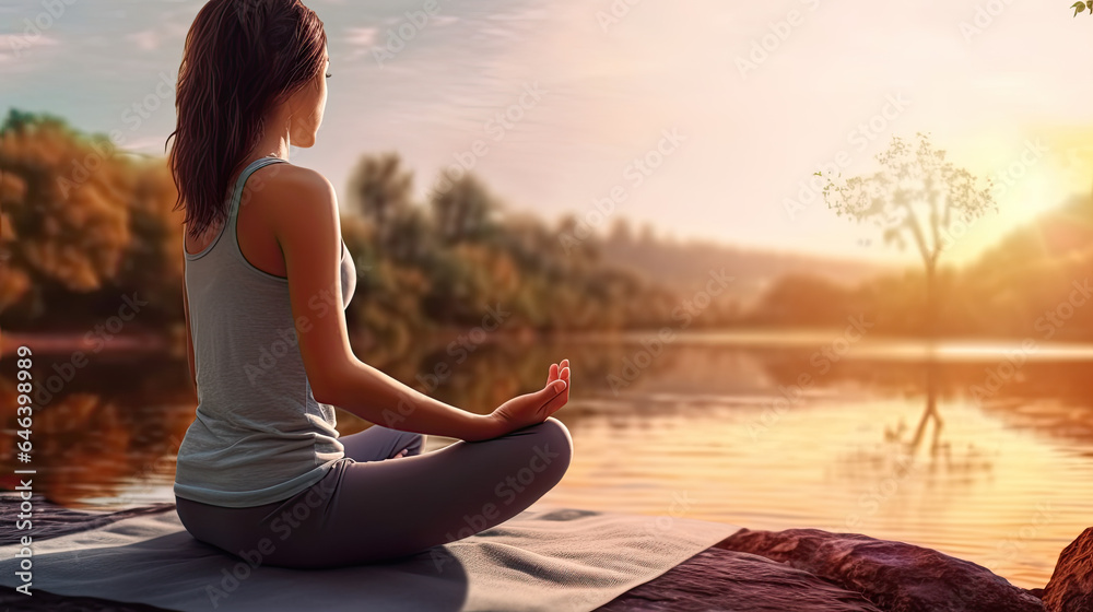 A calm woman by the riverside, practicing yoga beneath the golden sunset, discovers serenity amidst the splendor of the natural world