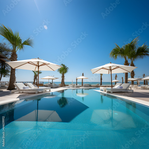 Photograph of Luxurious swimming pool and loungers umbrellas near beach and sea with palm trees and blue sky. wide angle lens daylight white