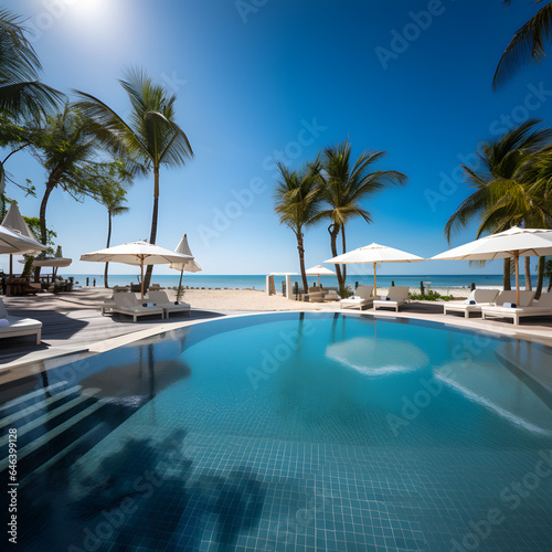 Photograph of Luxurious swimming pool and loungers umbrellas near beach and sea with palm trees and blue sky. wide angle lens daylight white © hamzagraphic01