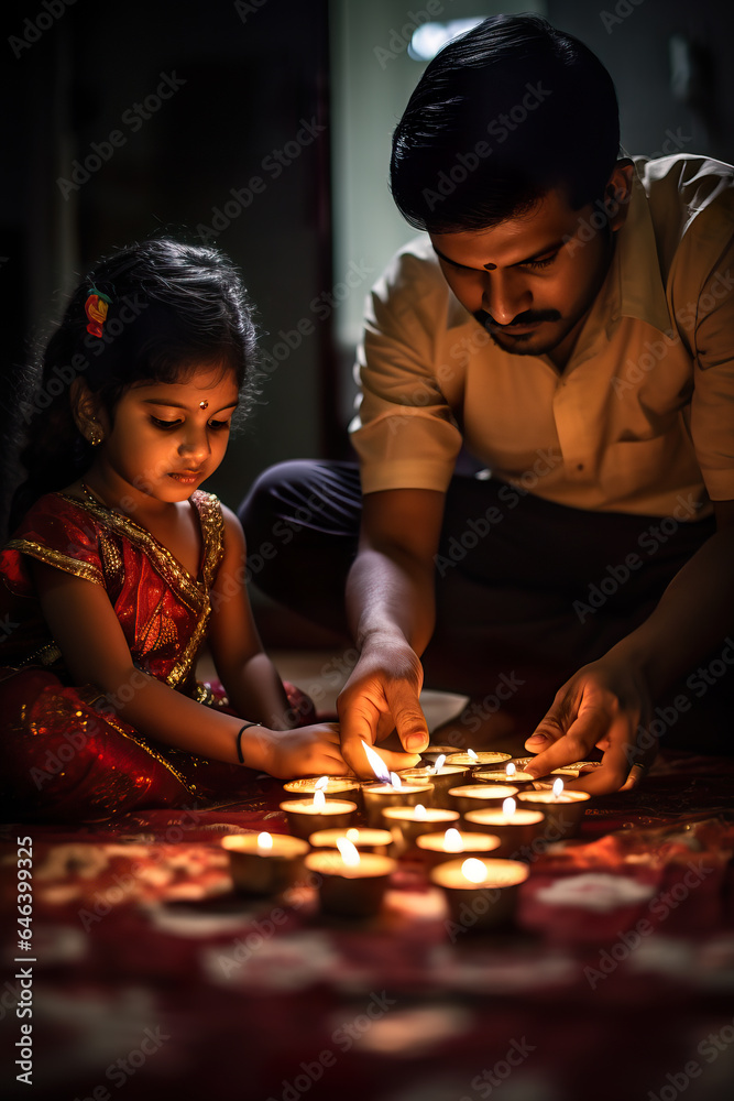 Cute girl with her father lighting diyas for diwali Cute girl with her father lighting diyas for diwali