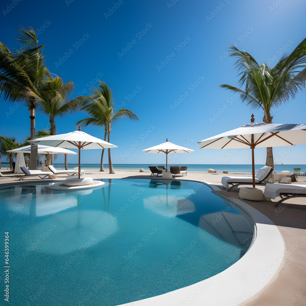 Photograph of Luxurious swimming pool and loungers umbrellas near beach and sea with palm trees and blue sky. wide angle lens daylight white