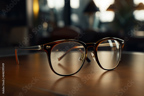 Spectacles glasses on wooden table