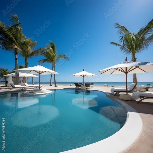 Photograph of Luxurious swimming pool and loungers umbrellas near beach and sea with palm trees and blue sky. wide angle lens daylight white © hamzagraphic01