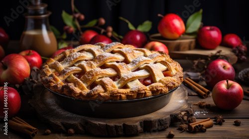 a classic apple cake with red apples in background