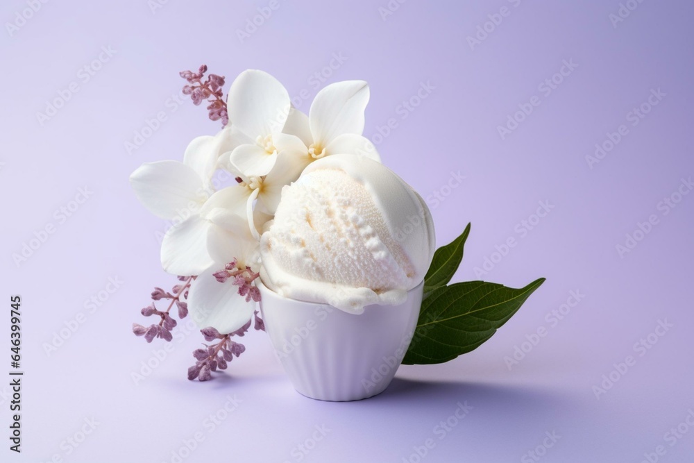 White ice cream ball with flower and vanilla pod on gradient background. Generative AI
