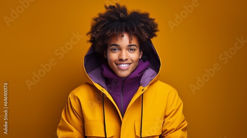Against a purple background, a picture of a happy young African American man with short curly hair is seen as he stands and touches the hood of a yellow jacket with his hands. © Suleyman