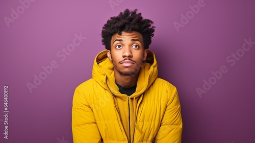 Against a purple background, a picture of a happy young African American man with short curly hair is seen as he stands and touches the hood of a yellow jacket with his hands.