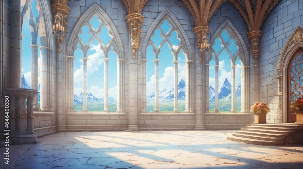 Bright Airy Room in Beautiful Fantasy Palace with Gothic Architecture or Elven Castle with View of Mountains