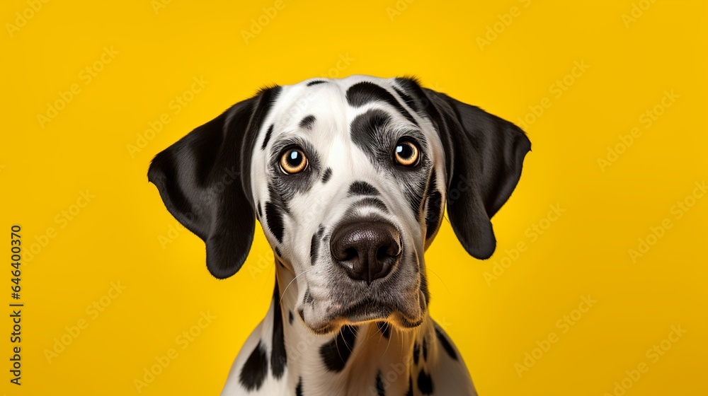 Dalmatian dog in studio headshot, facing forward, with a yellow background.