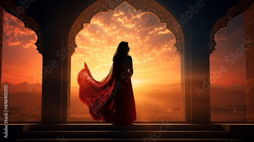 silhouette of a Persian woman wearing traditional clothing against a backdrop of Iranian architecture photo