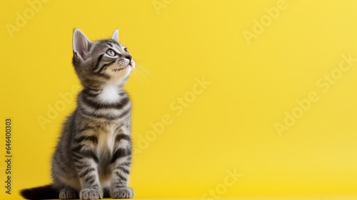 On a yellow background with copy space, a small tabby kitten. Isolated gray cat with copy space over a colored background © Suleyman