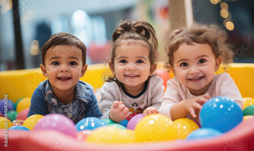 Smiling and happy children having fun and playing celebrating Children's Day on party background.